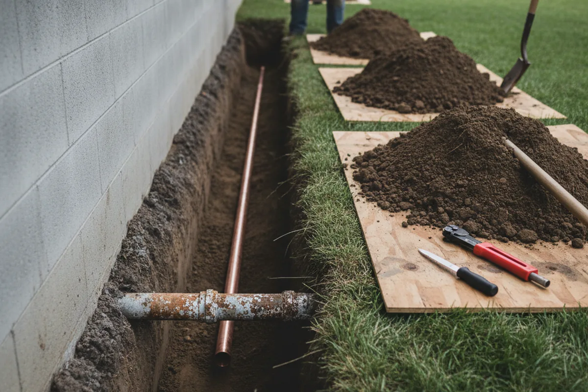 Excavated water line trench during Water Softener Installation in Chandlerville